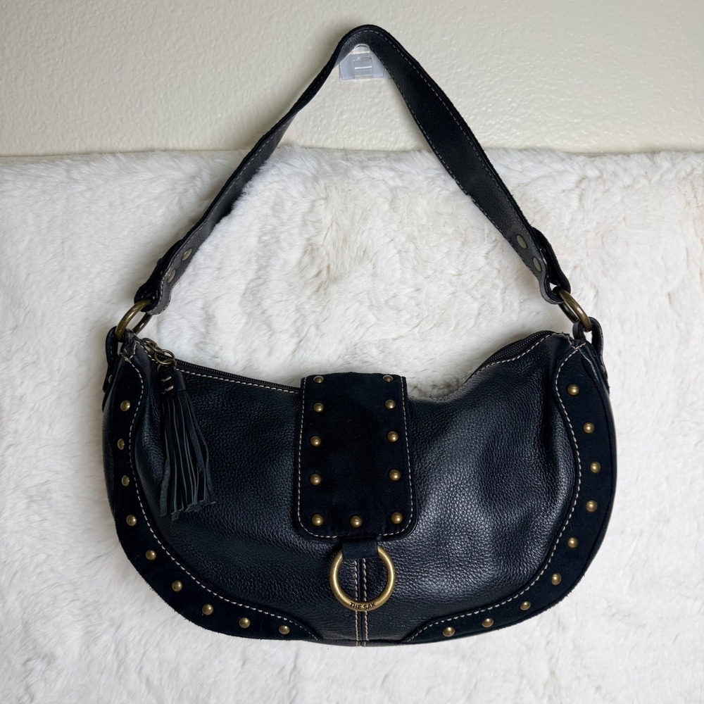 The Sak Black Leather Studded Hobo Shoulder Bag Y2K Tassel Suede Pink Label